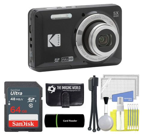 Kodak PIXPRO FZ55 Black 16MP Digital Camera 5X Optical Zoom 28mm Wide Angle 1080P Full HD Video 2.7" LCD Camera + 64GB Card and Reader + Memory Wallet + Tripod + Cleaning Bundle