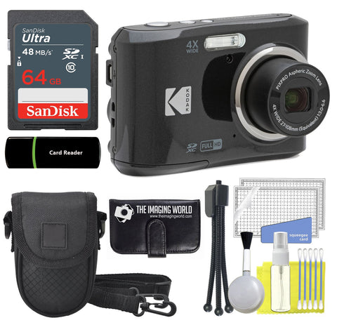 Kodak PIXPRO FZ45 16MP Digital Camera 4X Optical Zoom 27mm Wide Angle 1080P Full HD Video 2.7" LCD Camera (Black) + 64GB Card and Reader + Case + Memory Wallet + Tripod + Cleaning Bundle