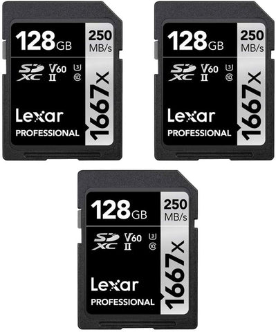 Lexar LSD128CBNA1667 Professional SDHC/SDXC 1667x UHS-II 128GB Memory Card (3-Pack)