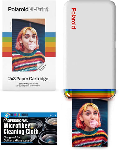 Polaroid Hi-Print - Bluetooth Connected 2x3 Pocket Phone Photo Printer with Polaroid Hi·Print 2x3 Paper Cartridge (20 Sheets) and Microfiber Cloth