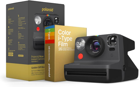 Polaroid Now 2nd Generation I-Type Instant Camera + Golden Moments Film Bundle - Now Black Camera + 16 Gold Color Photos (6288)