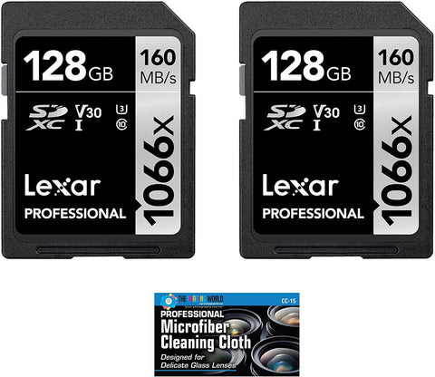 Lexar 128GB Professional 1066x SDXC Class 10 UHS-I Memory Card 2-Pack Bundle with Microfiber Cloth