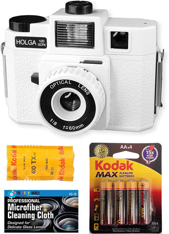 Holga 120GCFN White Medium Format Film Camera with Built-in Flash with Kodak TX 120 Black and White Film Bundle with Accessories