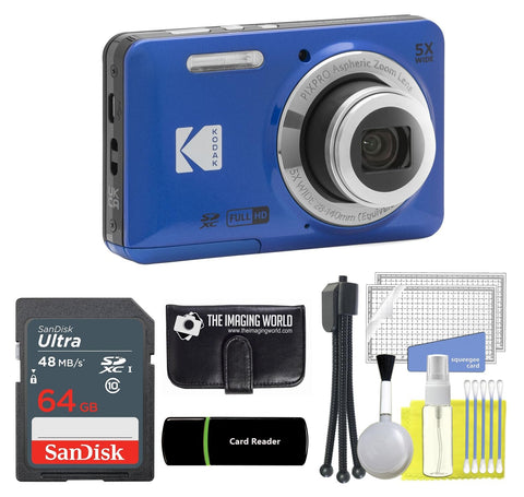 Kodak PIXPRO FZ55 Blue 16MP Digital Camera 5X Optical Zoom 28mm Wide Angle 1080P Full HD Video 2.7" LCD Camera + 64GB Card and Reader + Memory Wallet + Tripod + Cleaning Bundle