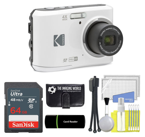 Kodak PIXPRO FZ45 16MP Digital Camera 4X Optical Zoom 27mm Wide Angle 1080P Full HD Video 2.7" LCD Camera (White) + 64GB Card and Reader + Memory Wallet + Tripod + Cleaning Bundle