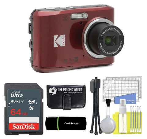 Kodak PIXPRO FZ45 16MP Digital Camera 4X Optical Zoom 27mm Wide Angle 1080P Full HD Video 2.7" LCD Camera (Red) + 64GB Card and Reader + Memory Wallet + Tripod + Cleaning Bundle