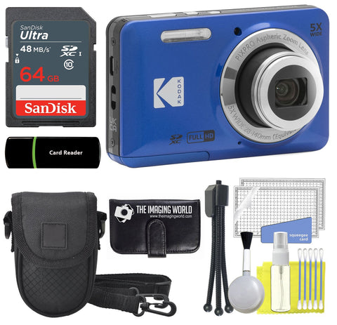 Kodak PIXPRO FZ55 Blue 16MP Digital Camera 5X Optical Zoom 28mm Wide Angle 1080P Full HD Video 2.7" LCD Camera + 64GB Card and Reader + Case + Memory Wallet + Tripod + Cleaning Bundle