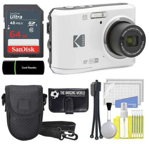 Kodak PIXPRO FZ45 16MP Digital Camera 4X Optical Zoom 27mm Wide Angle 1080P Full HD Video 2.7" LCD Camera (White) + 64GB Card and Reader + Case + Memory Wallet + Tripod + Cleaning Bundle