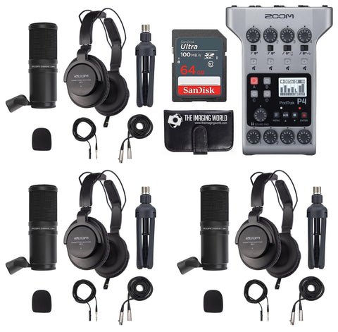 Zoom PodTrak P4 Portable Multitrack Podcast Recorder Bundle with Three (3) Mic Packs with Headphones, Windscreen, XLR, and Tabletop Stands + 64GB Card + Wallet