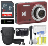 Kodak PIXPRO FZ55 Red 16MP Digital Camera 5X Optical Zoom 28mm Wide Angle 1080P Full HD Video 2.7" LCD Camera + 64GB Card and Reader + Case + Memory Wallet + Tripod + Cleaning Bundle