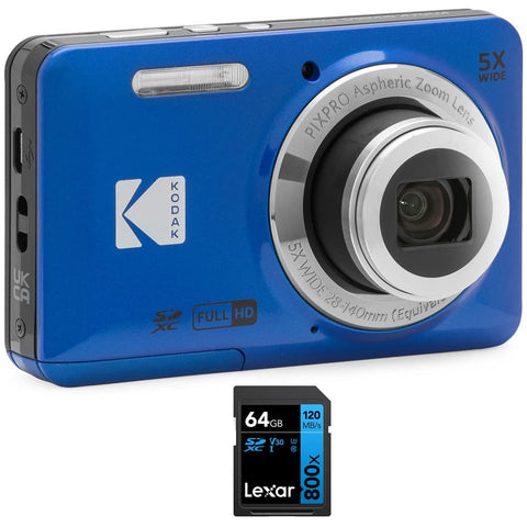 Kodak FZ55BL PIXPRO Digital Camera Blue Bundle with Lexar 64GB High-Performance 800x UHS-I SDHC Memory Card BLUE Series