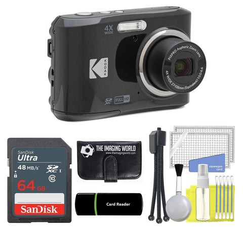 Kodak PIXPRO FZ45 16MP Digital Camera 4X Optical Zoom 27mm Wide Angle 1080P Full HD Video 2.7" LCD Camera (Black) + 64GB Card and Reader + Memory Wallet + Tripod + Cleaning Bundle