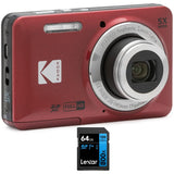 Kodak FZ55 PIXPRO FZ55 Digital Camera Red Bundle with Lexar 64GB High-Performance 800x UHS-I SDHC Memory Card Blue Series