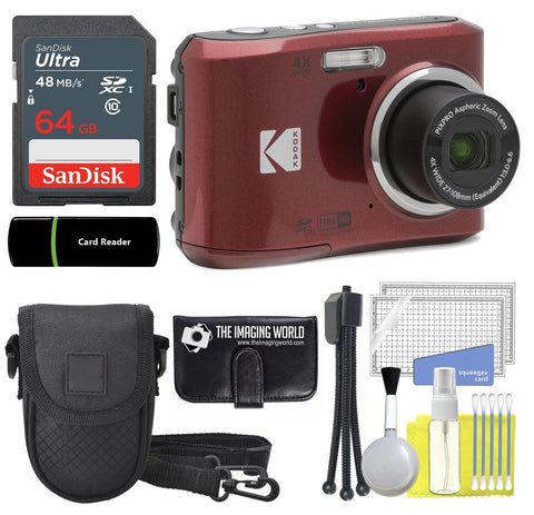 Kodak PIXPRO FZ45 16MP Digital Camera 4X Optical Zoom 27mm Wide Angle 1080P Full HD Video 2.7" LCD Camera (Red) + 64GB Card and Reader + Case + Memory Wallet + Tripod + Cleaning Bundle