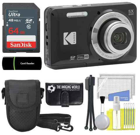 Kodak PIXPRO FZ55 Black 16MP Digital Camera 5X Optical Zoom 28mm Wide Angle 1080P Full HD Video 2.7" LCD Camera + 64GB Card and Reader + Case + Memory Wallet + Tripod + Cleaning Bundle