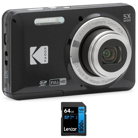 Kodak FZ55 PIXPRO FZ55 Digital Camera Black Bundle with Lexar 64GB High-Performance 800x UHS-I SDHC Memory Card Blue Series