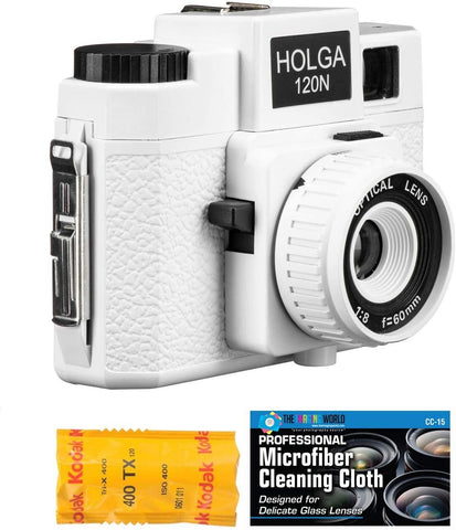 Holga 120N Medium Format Film Camera (White) with Kodak TX 120 Film Bundle and Microfiber Cloth