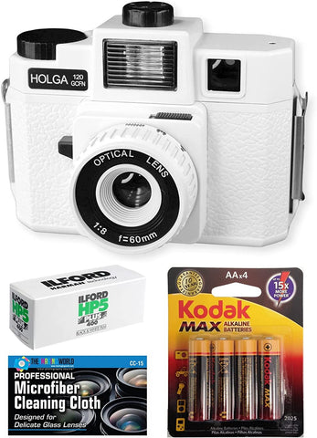 Holga 120GCFN White Medium Format Film Camera with Built-in Flash with Ilford HP5 120 Black and White Film Kodak Batteries Accessories Bundle