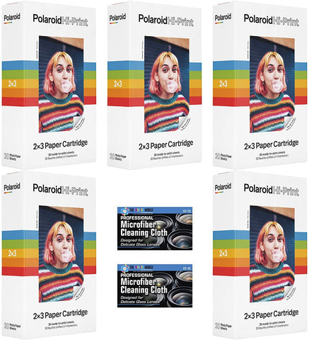 Polaroid Hi-Print 2 x 3 Paper Cartridges - 5 Pack, 100 Sheets - with Two Microfiber Cleaning Cloths