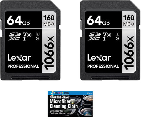 Lexar 64GB Professional 1066x SDXC Class 10 UHS-I Memory Card 2-Pack Bundle with Microfiber Cloth