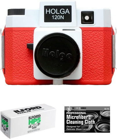 Holga 120N Medium Format Film Camera (Red/White) with Ilford HP5 120 Film Bundle and Microfiber Cloth