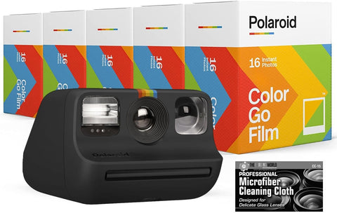 Polaroid Originals Bundle Go Instant Camera (Black) with 5 Double Packs (80 Prints) of Color Film and Microfiber Cloth