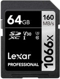 Lexar Professional 1066x 64GB SDXC UHS-I Card Silver Series, Up to 160MB/s Read, for DSLR and Mirrorless Cameras (LSD1066064G-BNNNU)