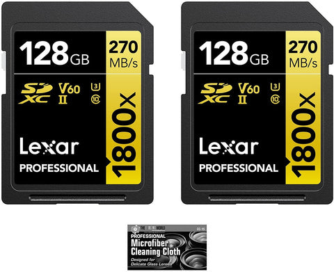 Lexar 128GB Professional 1800x UHS-II SDXC Memory Card (270MB/s, Gold Series, 2-Pack) with TheImagingWorld Microfiber Cloth