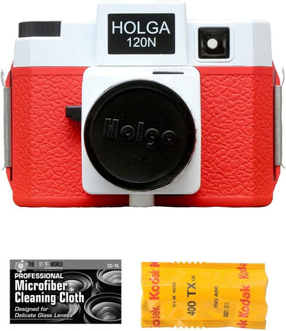Holga 120N Medium Format Film Camera (Red/White) with Kodak TX 120 Film Bundle and Microfiber Cloth